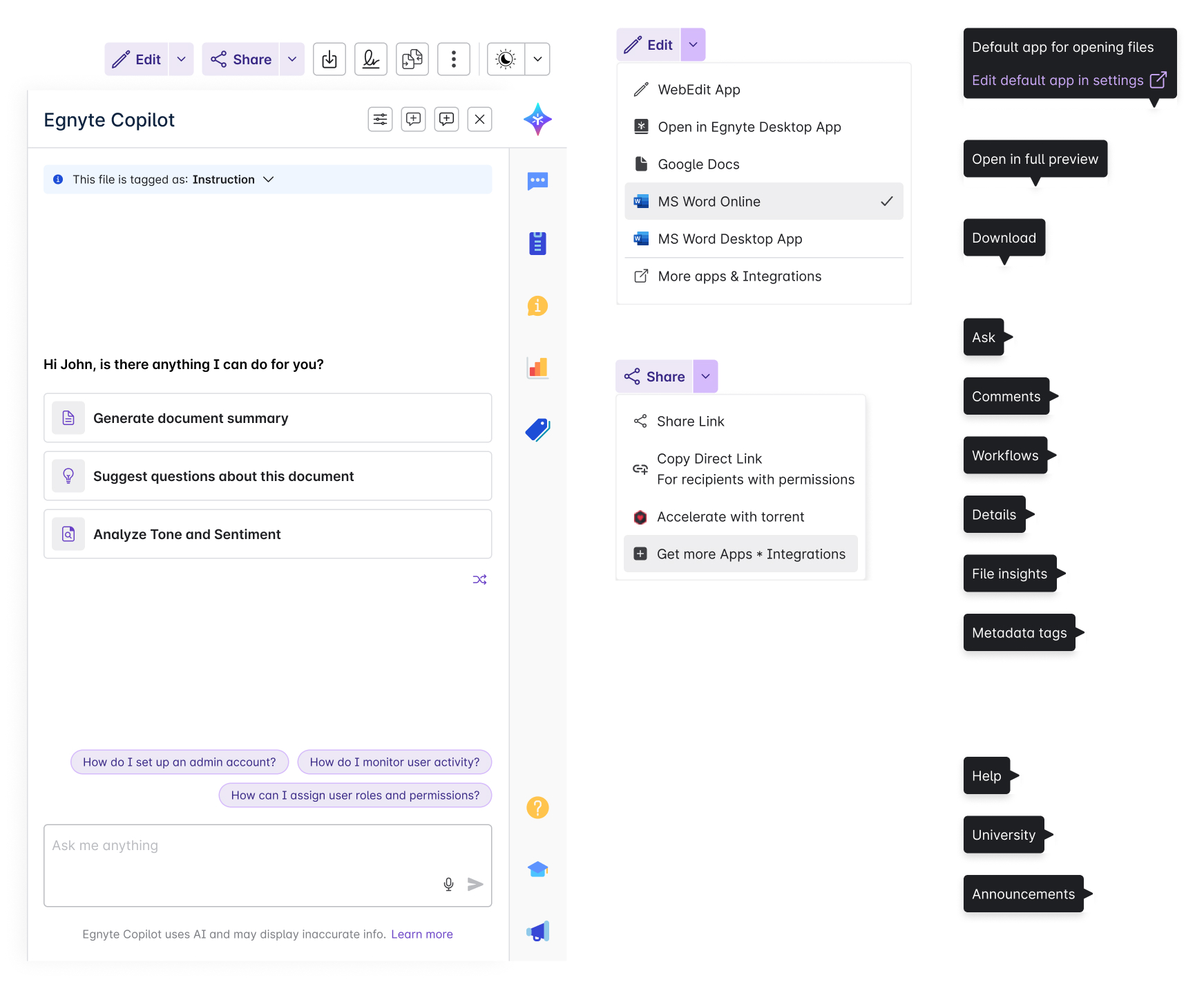 Annotated map of every action a selected file can hold in the full preview. On the left, the Egnyte Copilot panel open inside the drawer, with the file tagged Instruction, a greeting 'Hi John, is there anything I can do for you?', three suggested actions (Generate document summary, Suggest questions about this document, Analyze Tone and Sentiment), three pre-rolled questions on admin setup, and an Ask me anything input. In the middle, the Edit dropdown listing WebEdit App, Open in Egnyte Desktop App, Google Docs, MS Word Online, MS Word Desktop App, and More apps and Integrations, alongside the Share dropdown listing Share Link, Copy Direct Link, Accelerate with torrent, and Get more Apps and Integrations. On the right, a vertical stack of tooltip labels for every right-rail tab: Default app for opening files, Open in full preview, Download, Ask, Comments, Workflows, Details, File insights, Metadata tags, Help, University, Help.