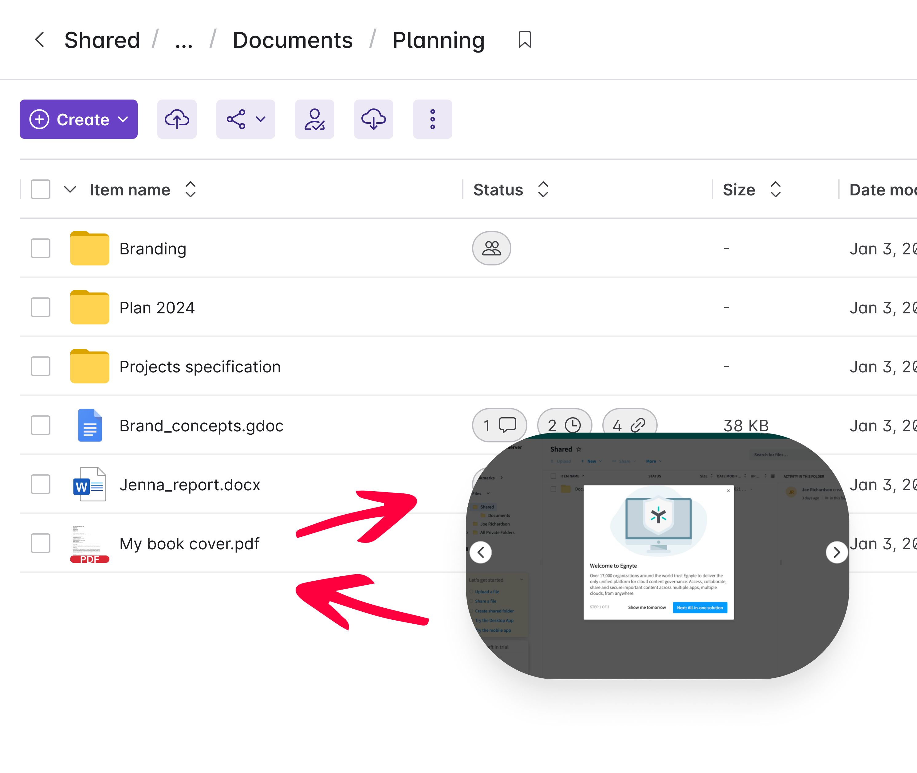 Egnyte file list with the full preview overlay on the right and two arrows showing the round-trip pattern users had to take