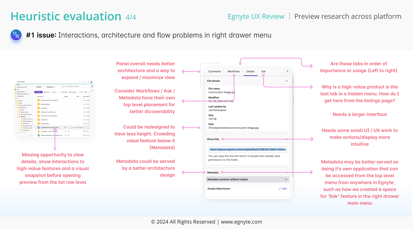 Heuristic walkthrough of Egnyte's full preview page: side actions hidden behind a second click, drawer architecture forces a round-trip