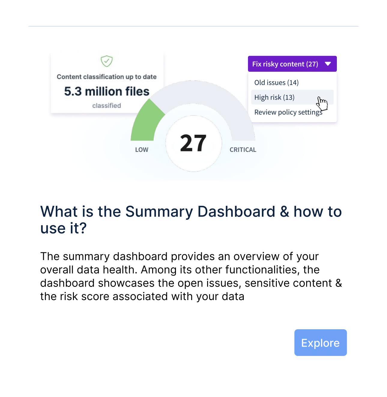 In-product onboarding dialog — &lsquo;What is the Summary Dashboard & how to use it?&rsquo; with the risk-score gauge preview and an Explore CTA.