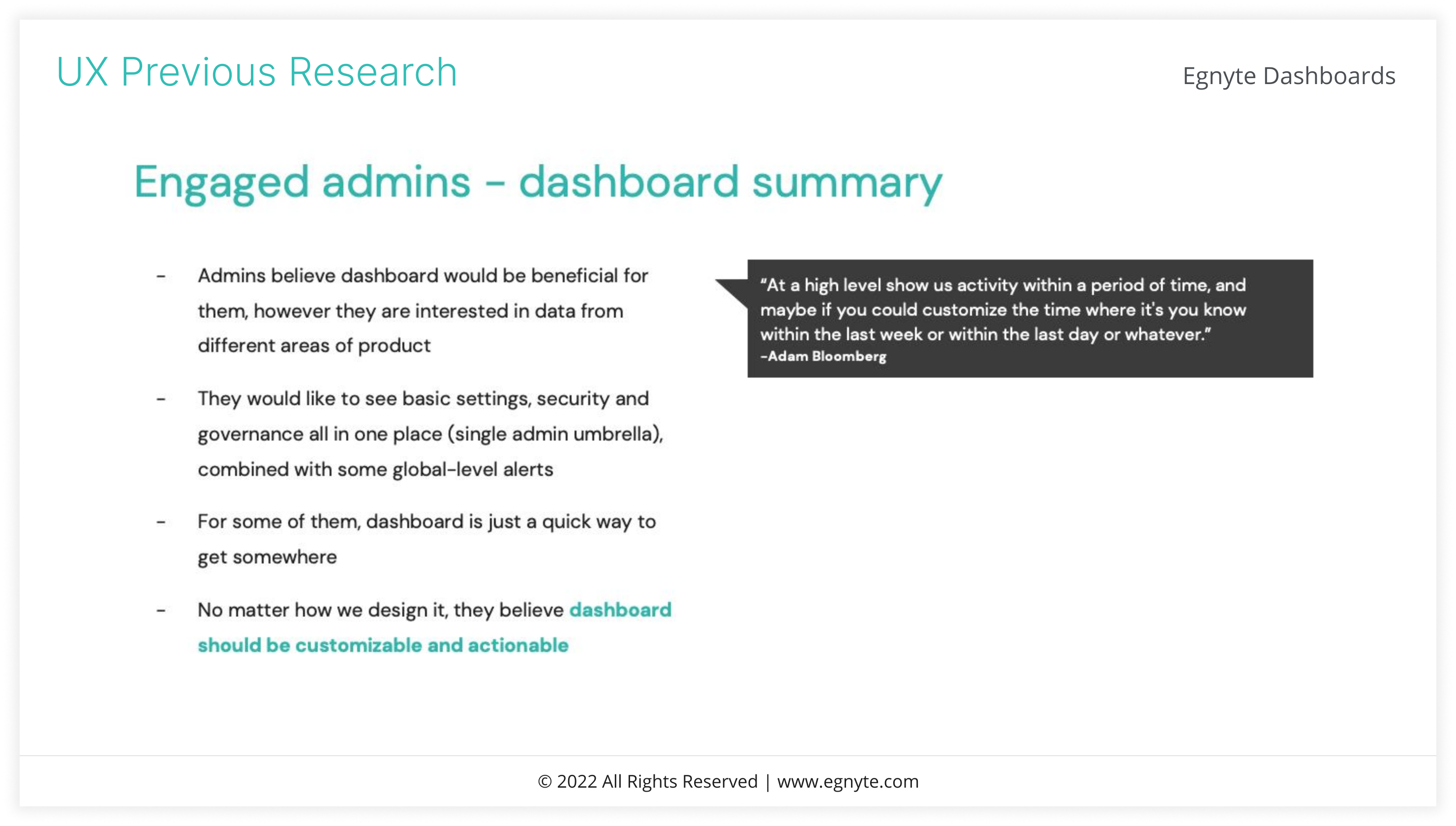 Engaged admins slide — bullet summary plus a quote callout from a daily admin user.