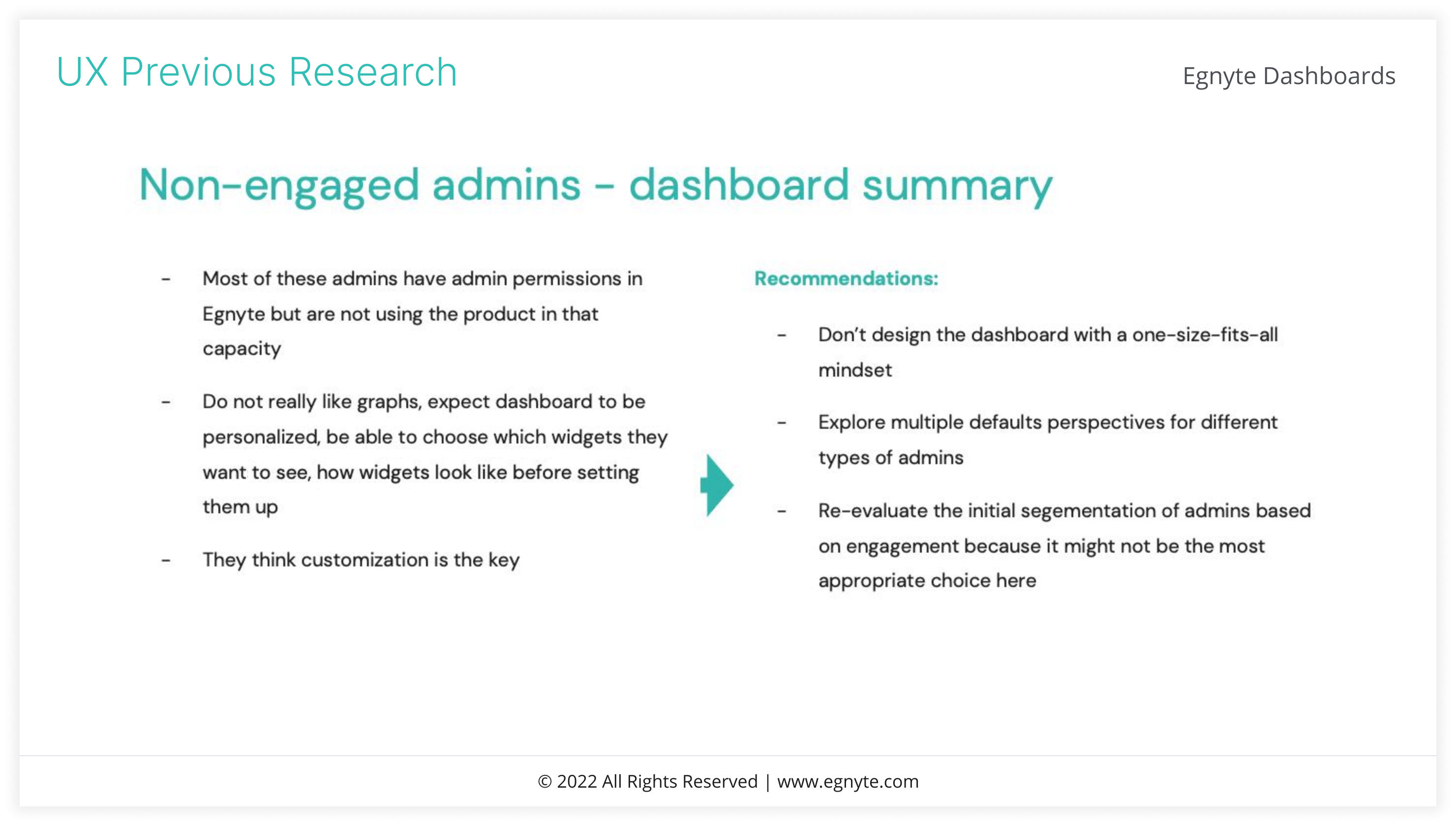 Non-engaged admins slide — bullets describing drop-off + the recommendations column with the teal arrow.