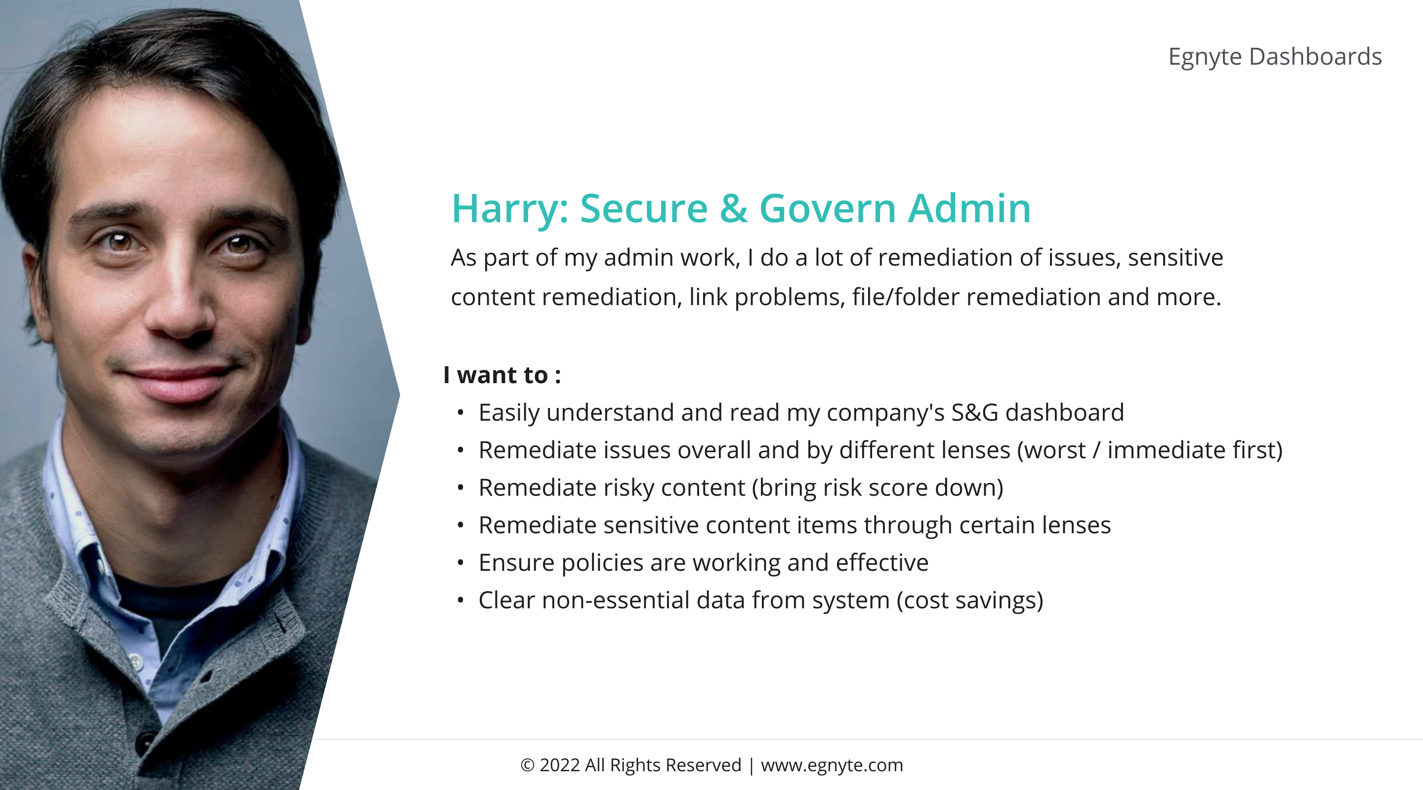 Harry · Secure & Govern admin core persona slide showing Harry&rsquo;s photo and his &lsquo;I want to&rsquo; list of remediation tasks.