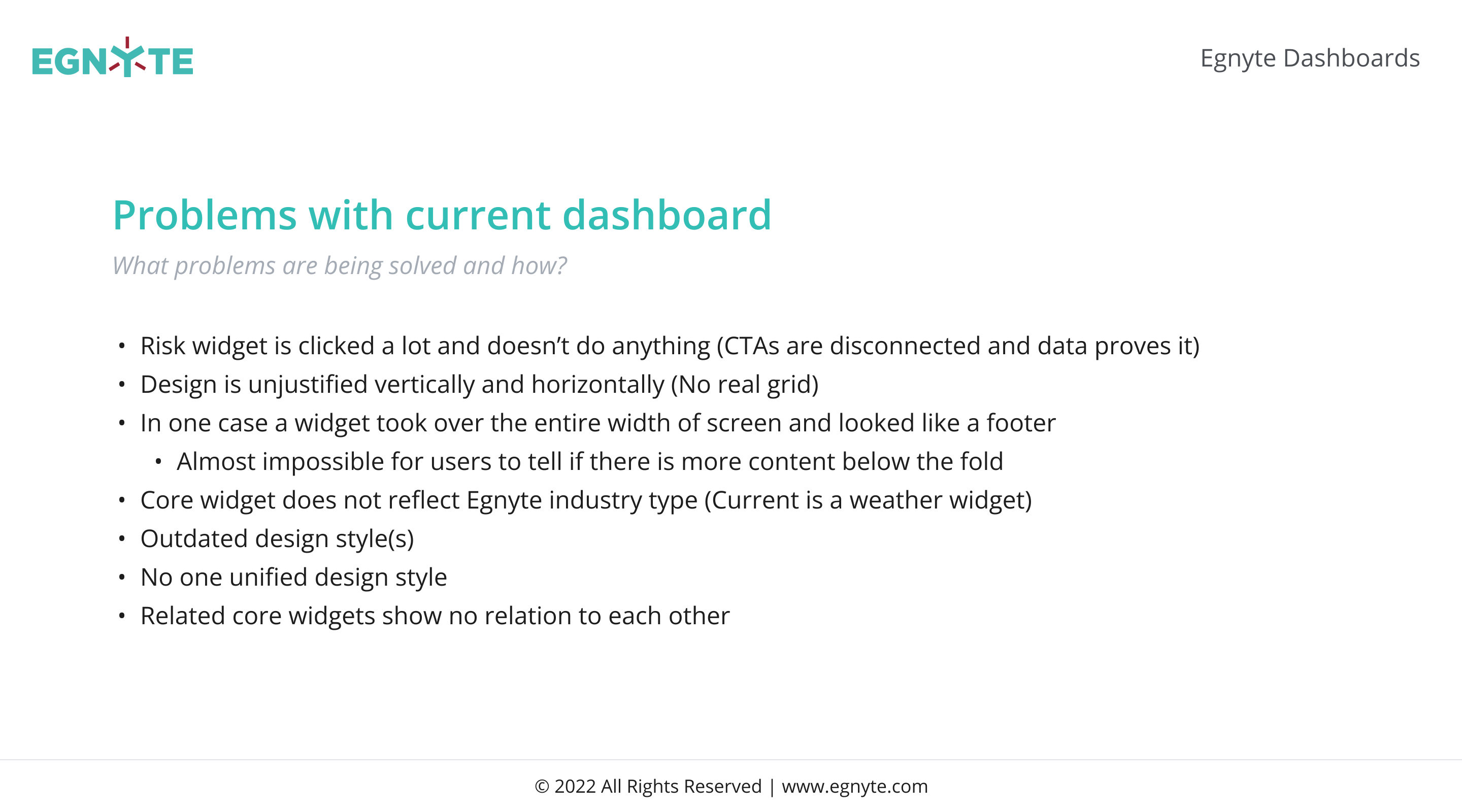 Problem statements slide — list of issues with the legacy S&G dashboard.