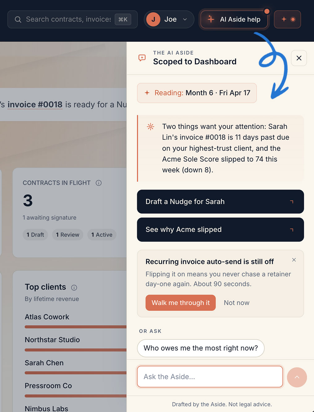 AI Aside — ambient helper surfacing contextual opportunities while the freelancer works.