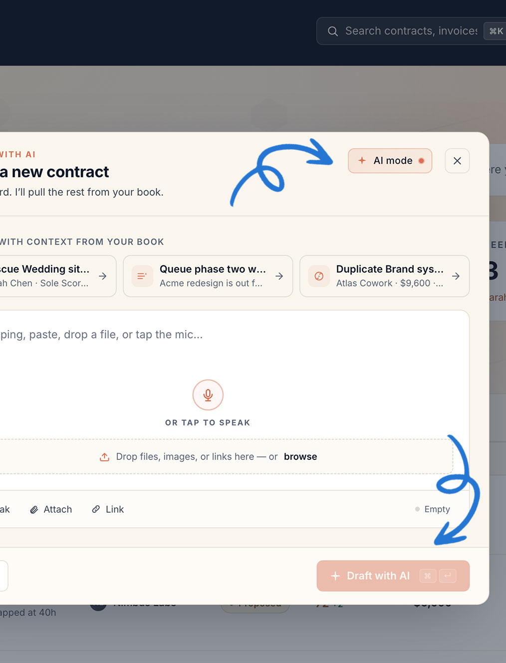 Contextual AI — Draft with AI panel inside Template Creation, with the AI Mode pill, prompt field, mic-to-speak input, and supporting context cards.