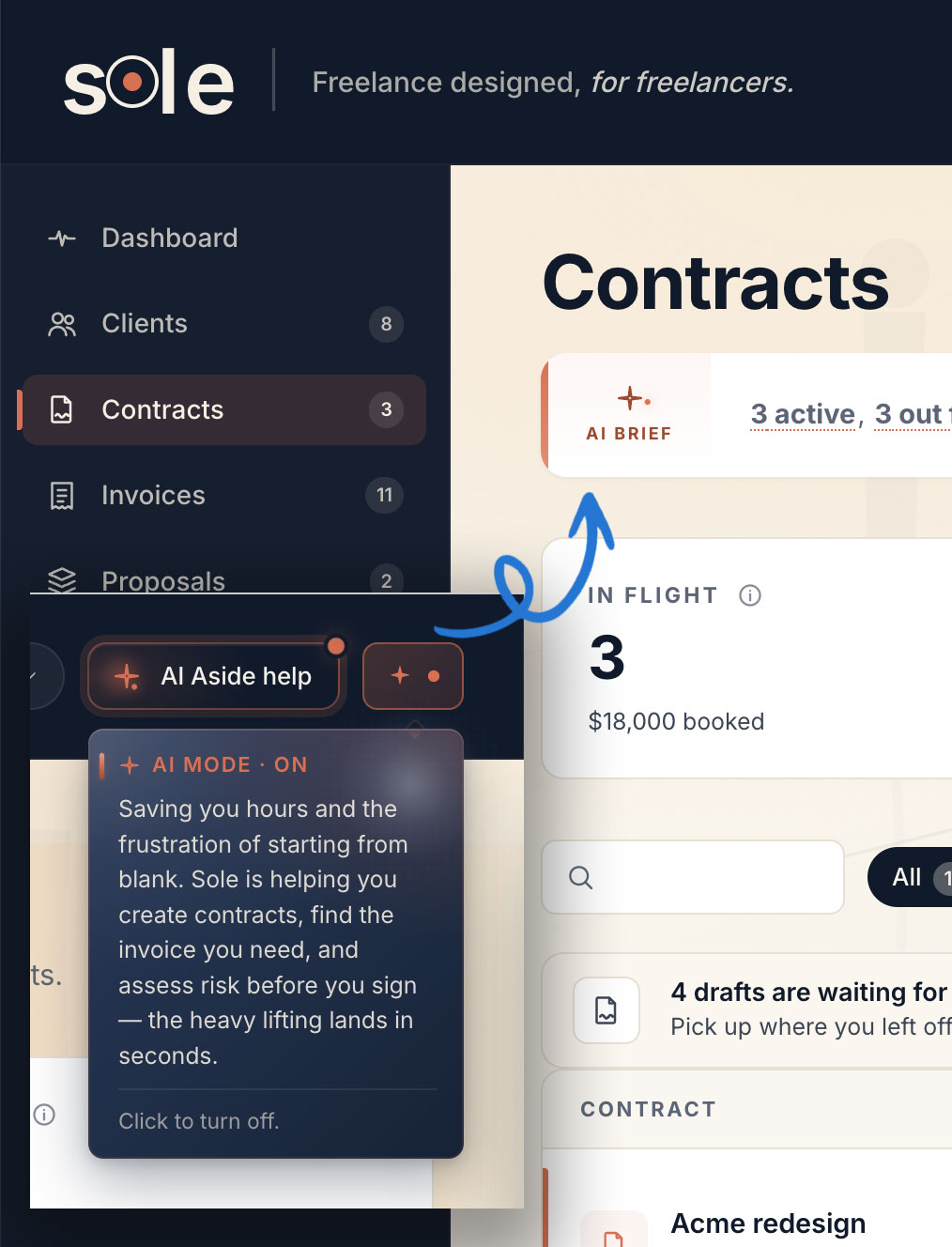 AI Mode — hinting interface that lets the freelancer set quick priorities before Sole drafts the template.