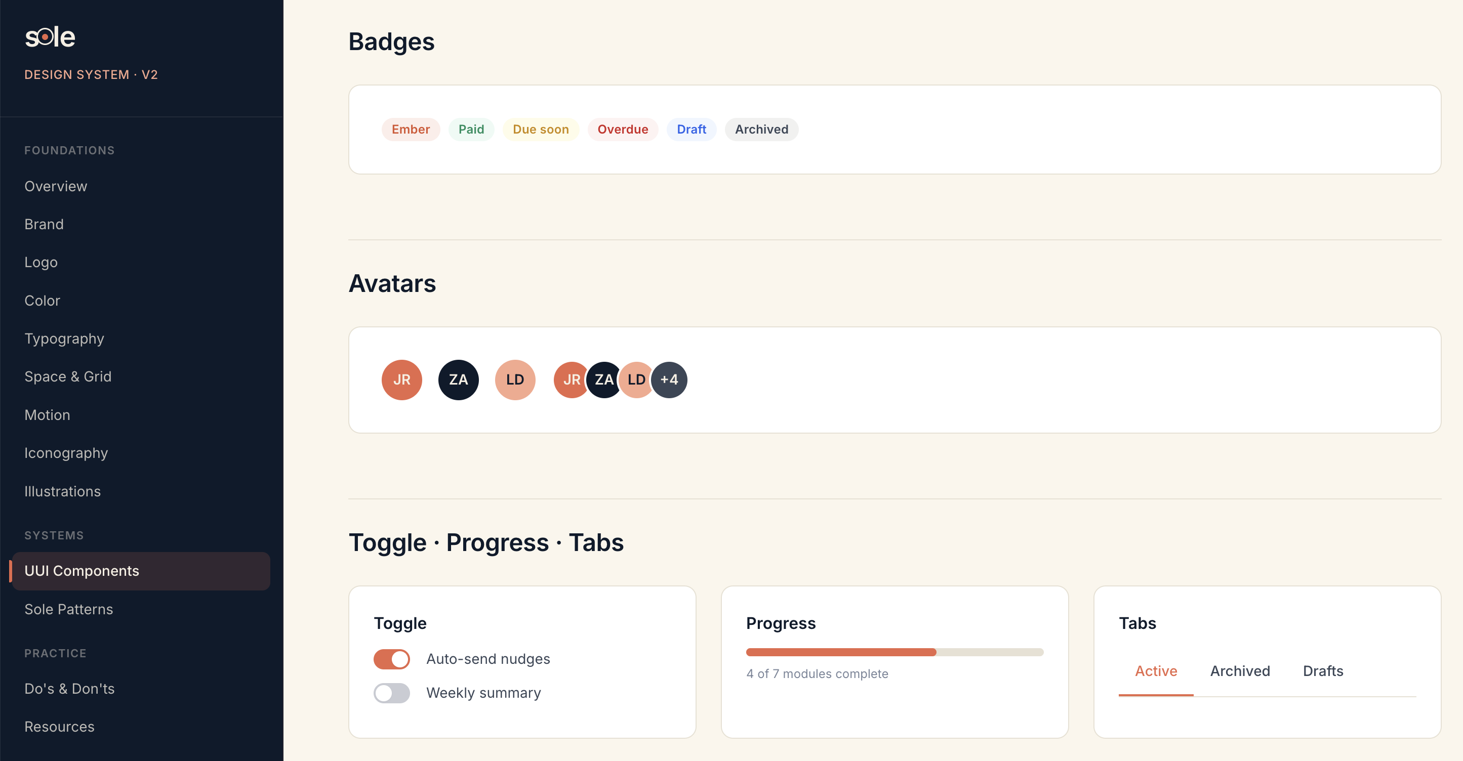 Sole design system UUI components — badges, avatars, and the Toggle / Progress / Tabs row, all tuned to the Sole brand on top of Untitled UI React.