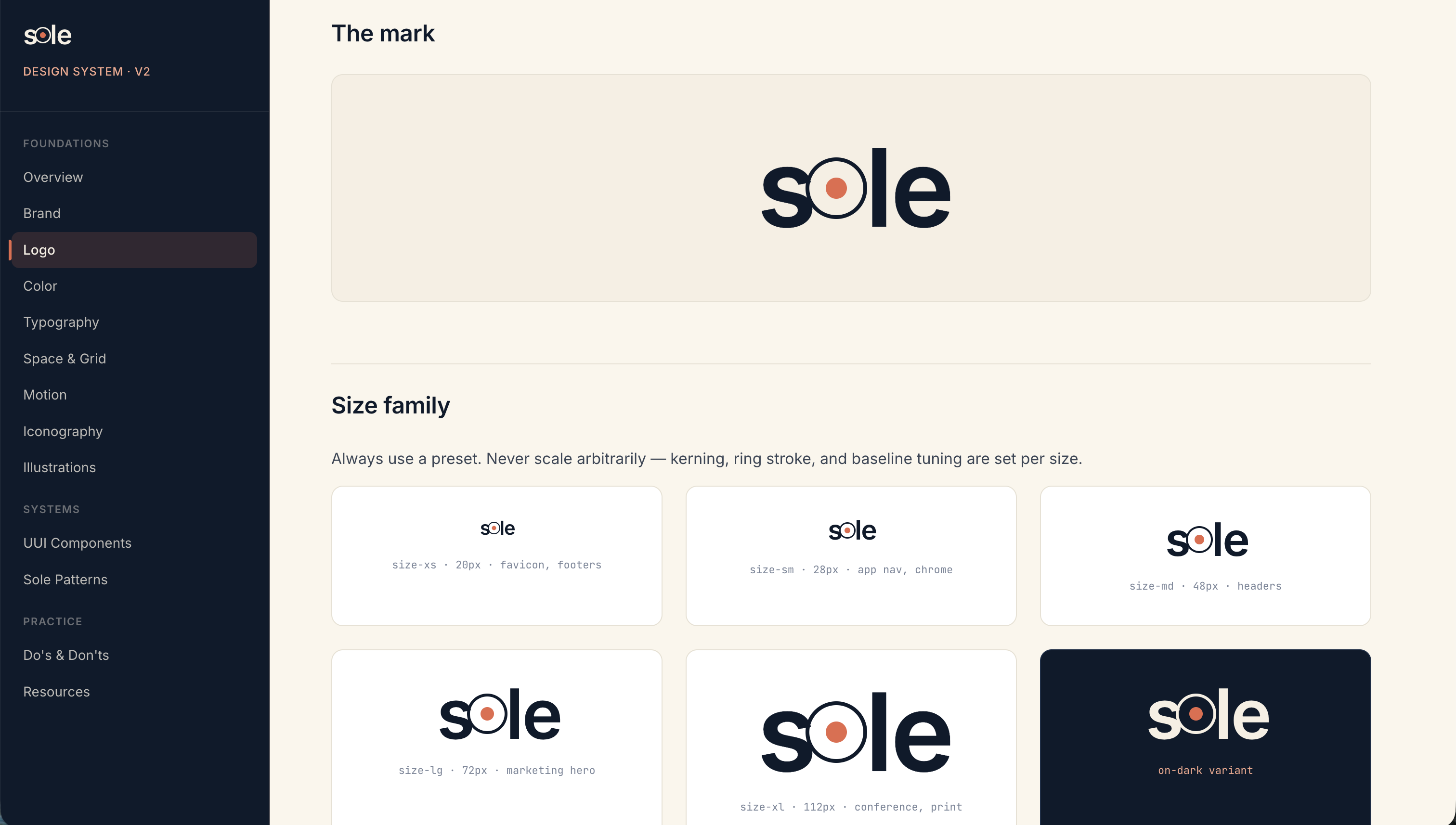 Sole design system — the Sole mark shown across five named sizes (xs through xl) plus an on-dark variant, each tuned for kerning, ring stroke, and baseline.