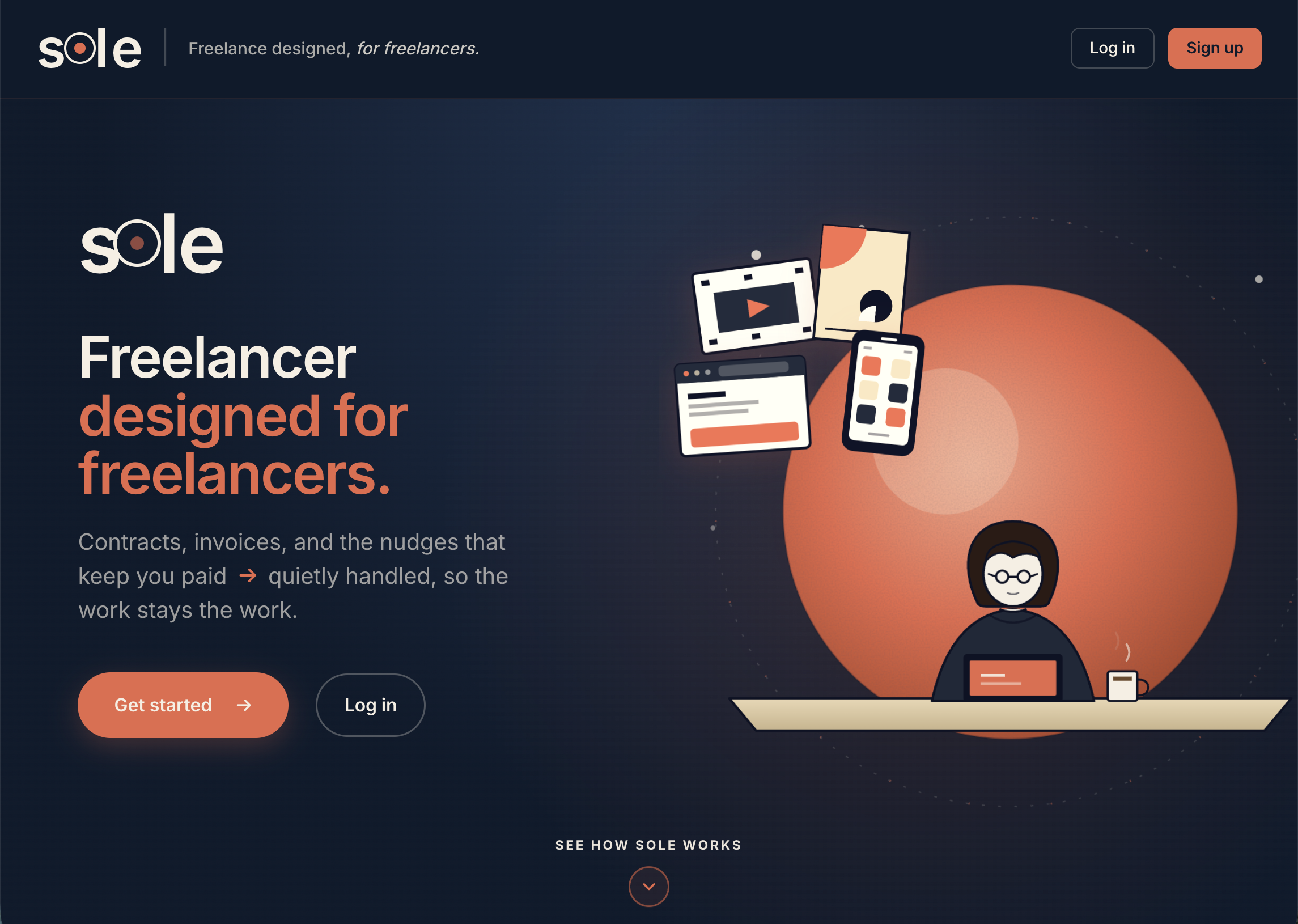 Sole marketing site — &lsquo;Freelancer designed for freelancers&rsquo; landing page with the orange sun, app surface previews, and the freelancer character.