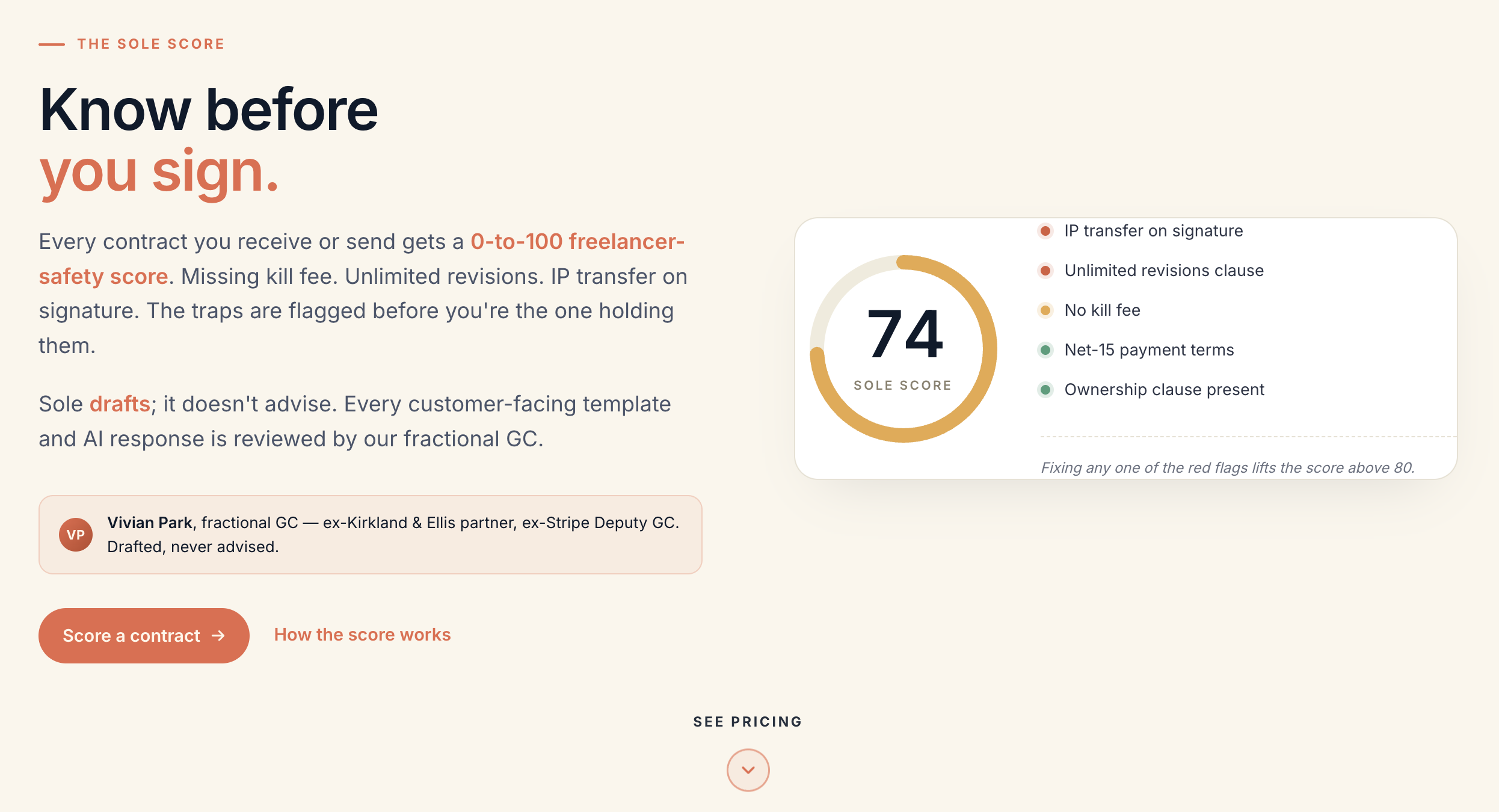 Sole Marketing — The Sole Score feature: Know before you sign. 0–100 freelancer-safety score with red-flag detection across IP transfer, kill fee, payment terms, and ownership clauses.