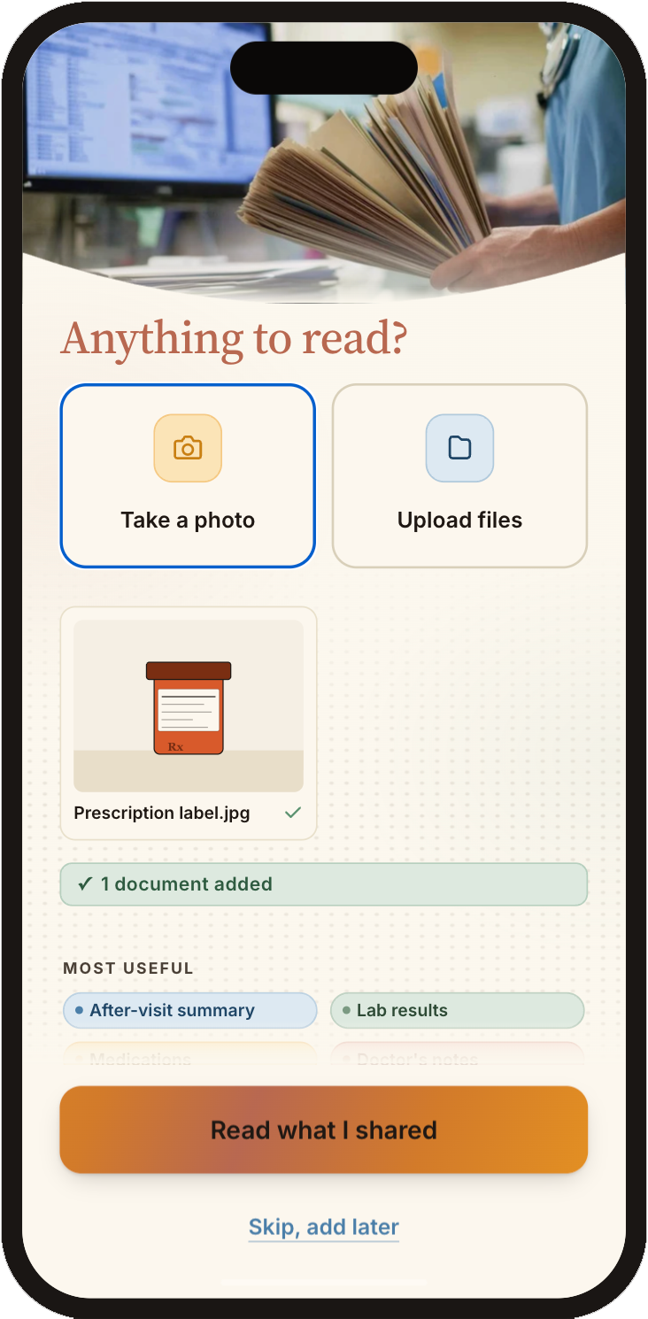 Steady — Anything to read upload screen with a prescription label preview added